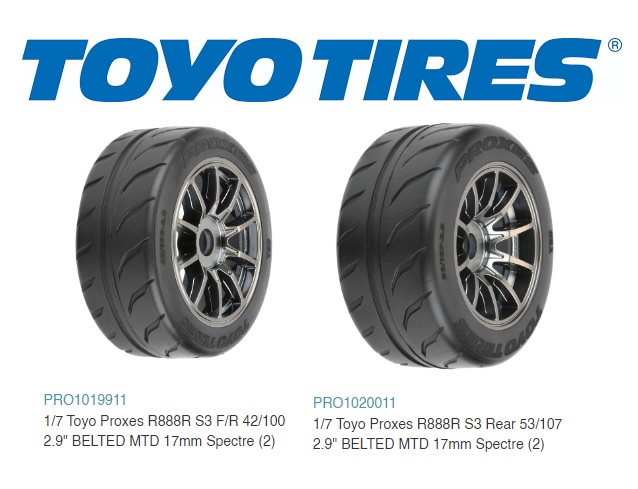 1/7 Toyo Proxes R888R S3 Front & Rear 53/107 2.9″ BELTED MTD 17mm